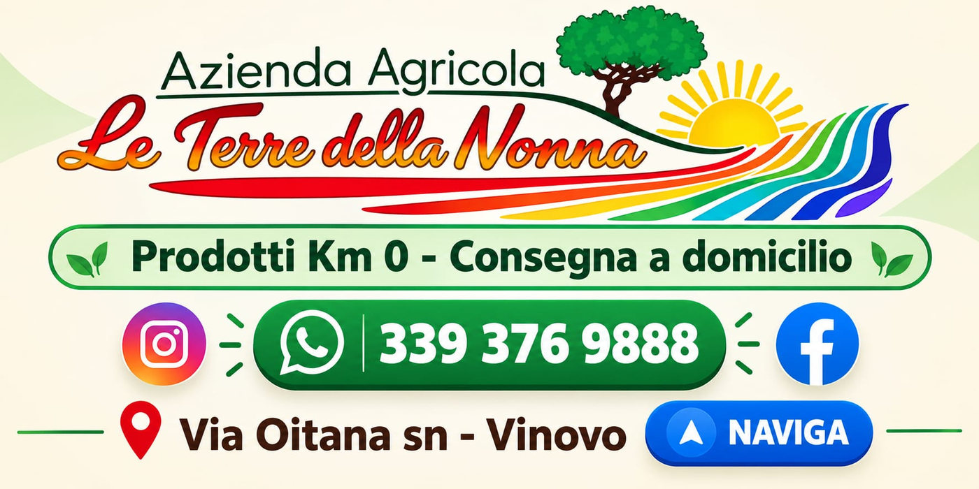 Azienda Agricola Le Terre della Nonna. Prodotti Km 0, consegna a domicilio. Telefono 339 376 9888. Via Oitana sn, Vinovo. Instagram e Facebook.